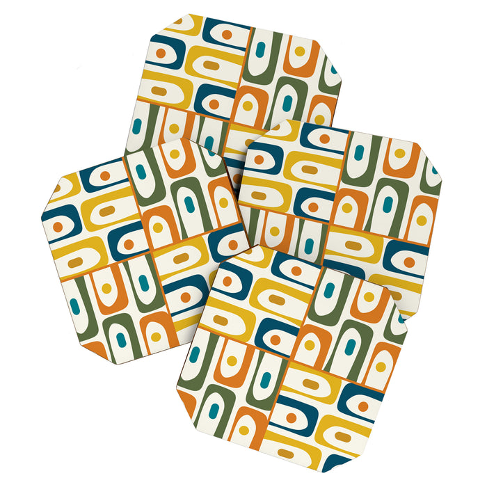 Mid Century Modern Abstract Piquet Multi Pattern in Moroccan Mustard Olive Blue Orange Cream Coaster Gallery Image 1
