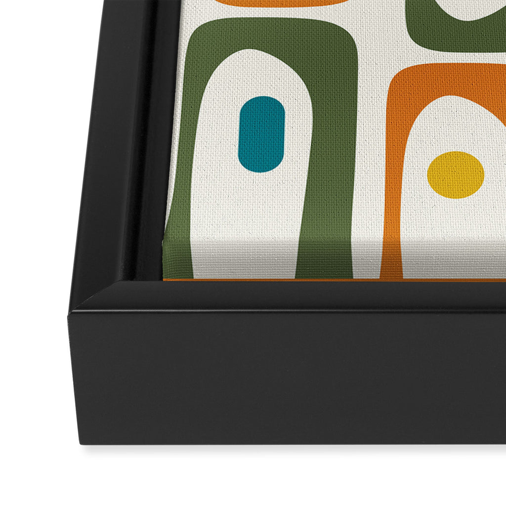 Mid Century Modern Abstract Piquet Multi Pattern in Moroccan Mustard Olive Blue Orange Cream Framed Canvas Print Gallery Image 3