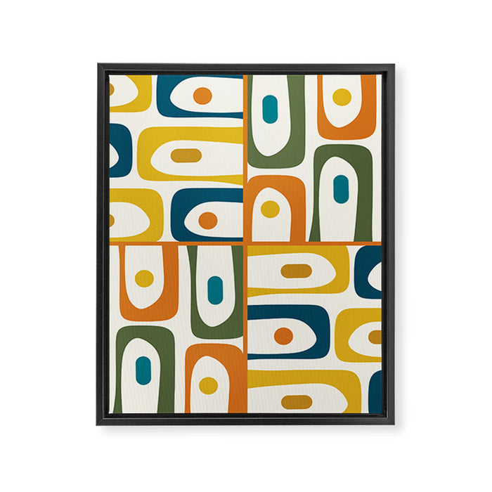 Mid Century Modern Abstract Piquet Multi Pattern in Moroccan Mustard Olive Blue Orange Cream Framed Canvas Print Gallery Image 1