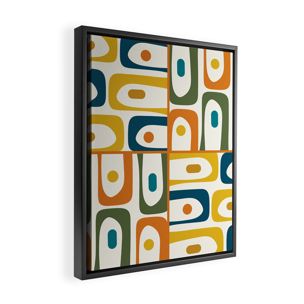 Mid Century Modern Abstract Piquet Multi Pattern in Moroccan Mustard Olive Blue Orange Cream Framed Canvas Print Gallery Image 2