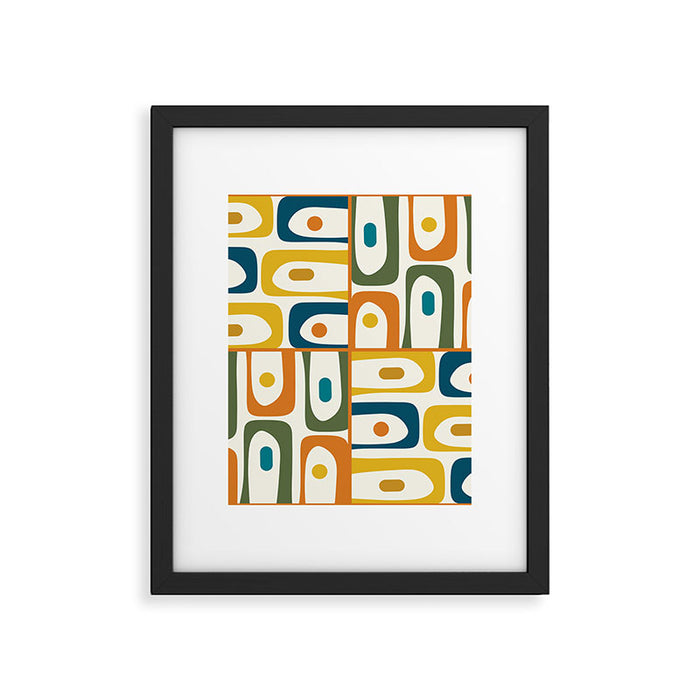 Mid Century Modern Abstract Piquet Multi Pattern in Moroccan Mustard Olive Blue Orange Cream Framed Art Print Gallery Image 1