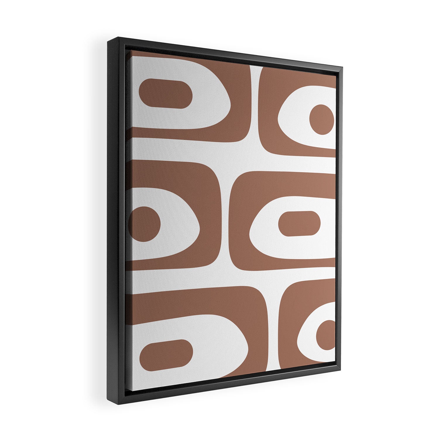 Mid Century Modern Abstract Piquet Pattern in Mocha Brown and White Framed Canvas Print Gallery Image 2