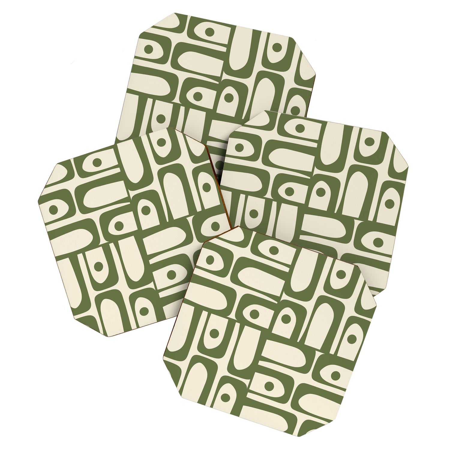 Mid Century Modern Abstract Piquet Pattern in Olive Green and Cream Coaster Gallery Image 1