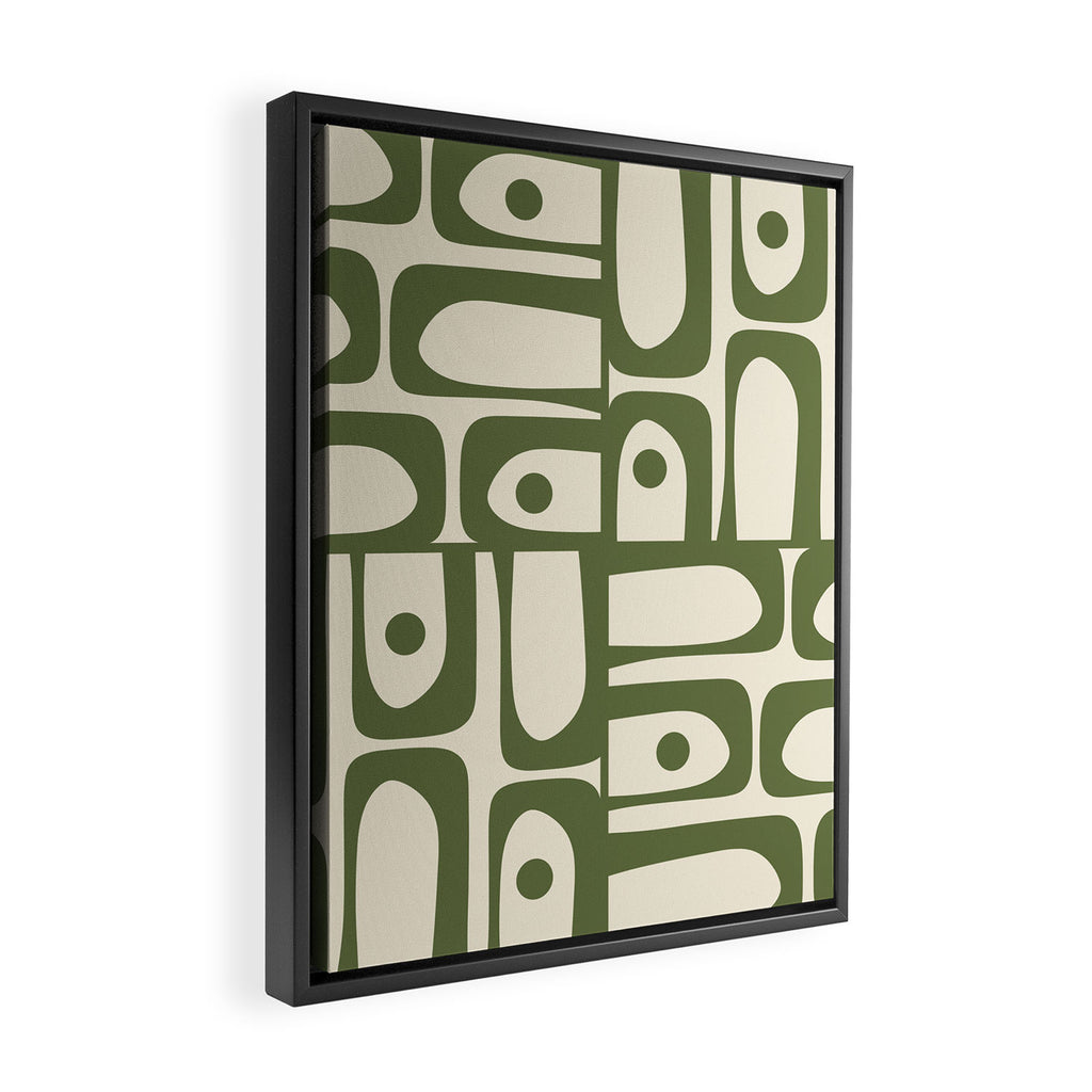 Mid Century Modern Abstract Piquet Pattern in Olive Green and Cream Framed Canvas Print Gallery Image 2