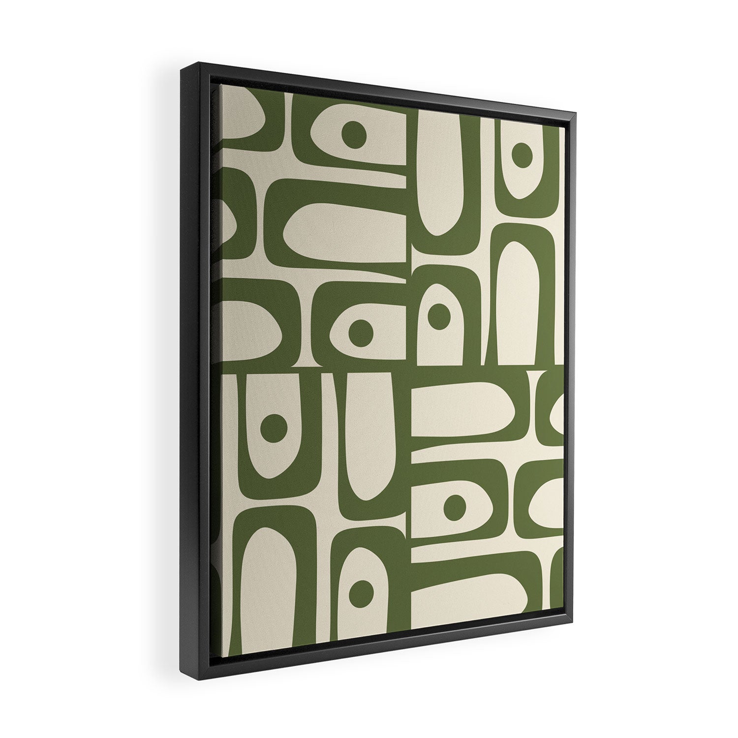 Mid Century Modern Abstract Piquet Pattern in Olive Green and Cream Framed Canvas Print Gallery Image 2
