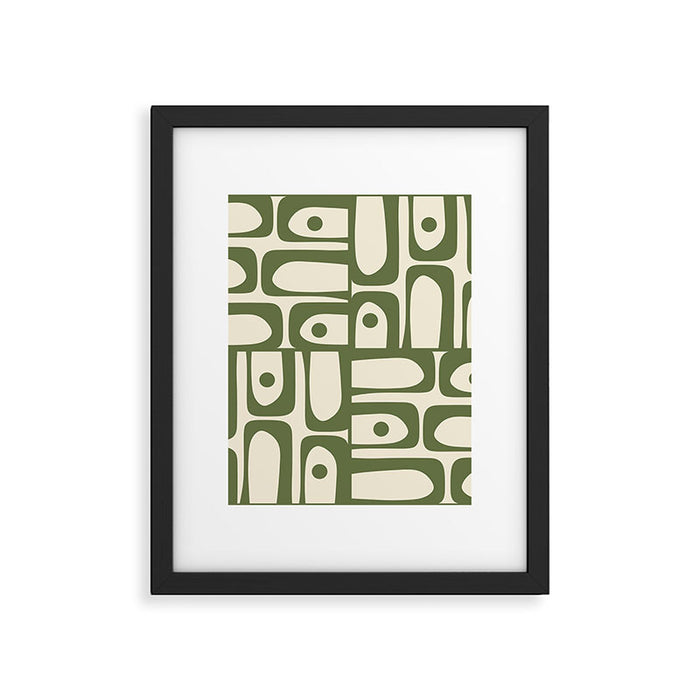 Mid Century Modern Abstract Piquet Pattern in Olive Green and Cream Framed Art Print Gallery Image 1