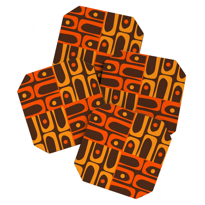 Mid Century Modern Abstract Retro 70s Brown and Orange Piquet Multi Pattern Coaster Gallery Image 1