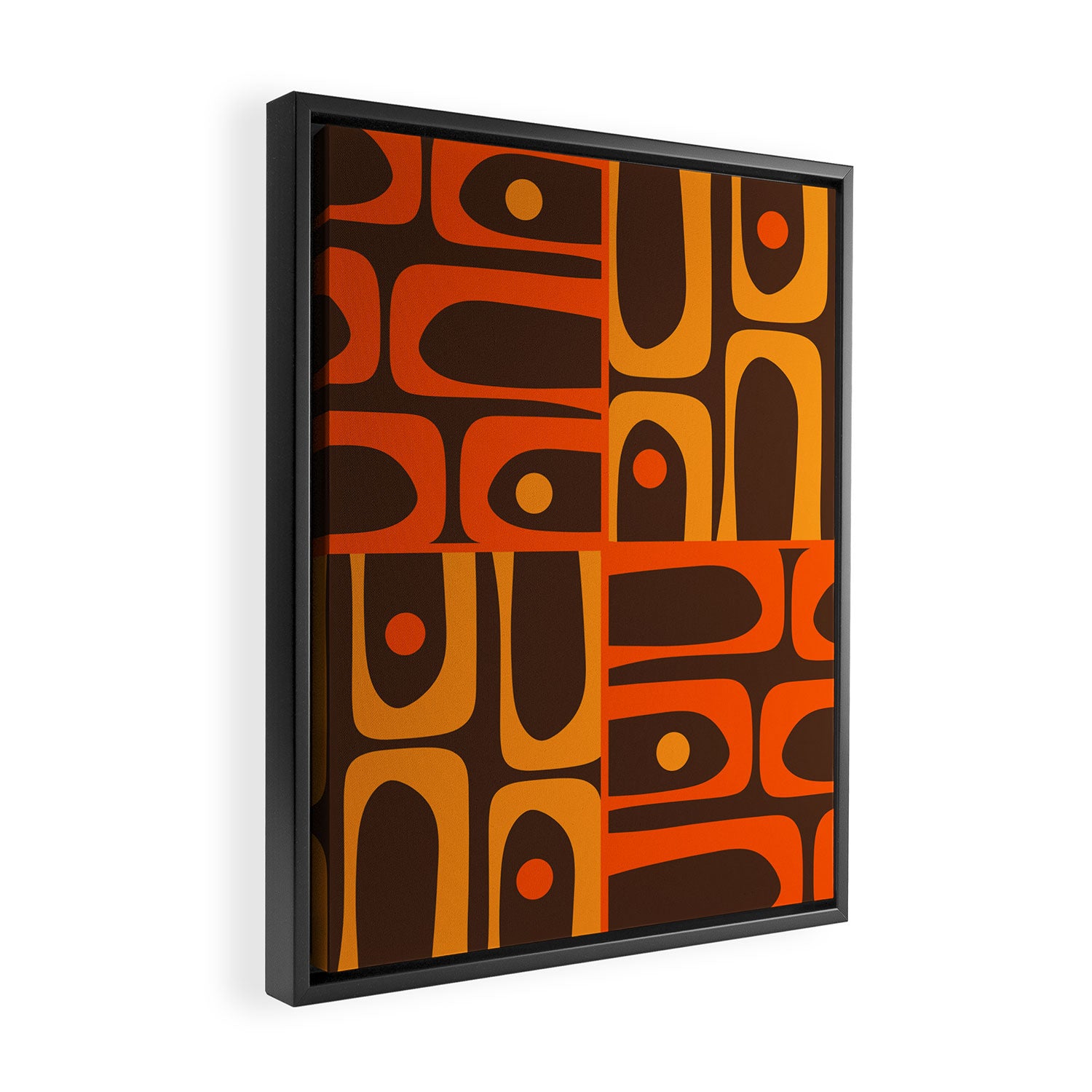 Mid Century Modern Abstract Retro 70s Brown and Orange Piquet Multi Pattern Framed Canvas Print Gallery Image 2