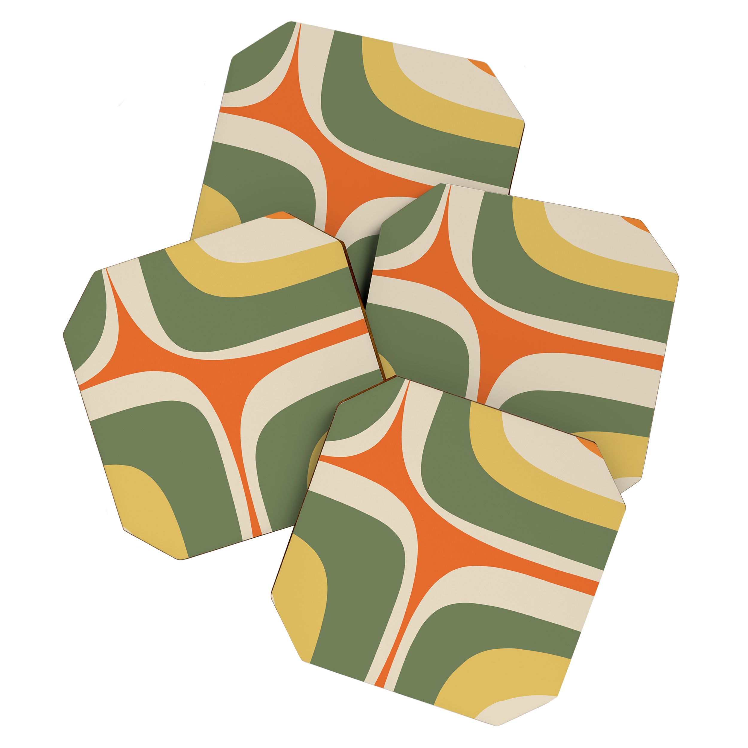 Mid Century Modern Abstract Retro Groove Pattern in Mossy Sage Olive Green Orange Mustard  Coaster Gallery Image 1