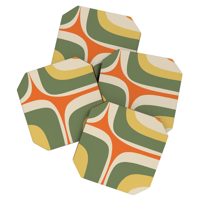 Mid Century Modern Abstract Retro Groove Pattern in Mossy Sage Olive Green Orange Mustard  Coaster Gallery Image 1