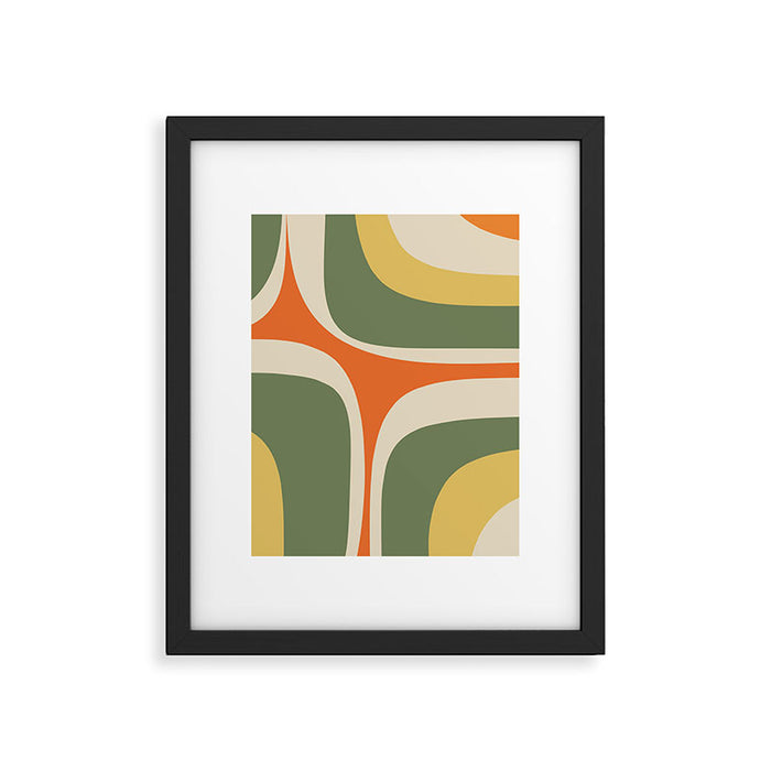 Mid Century Modern Abstract Retro Groove Pattern in Mossy Sage Olive Green Orange Mustard  Framed Art Print Gallery Image 1