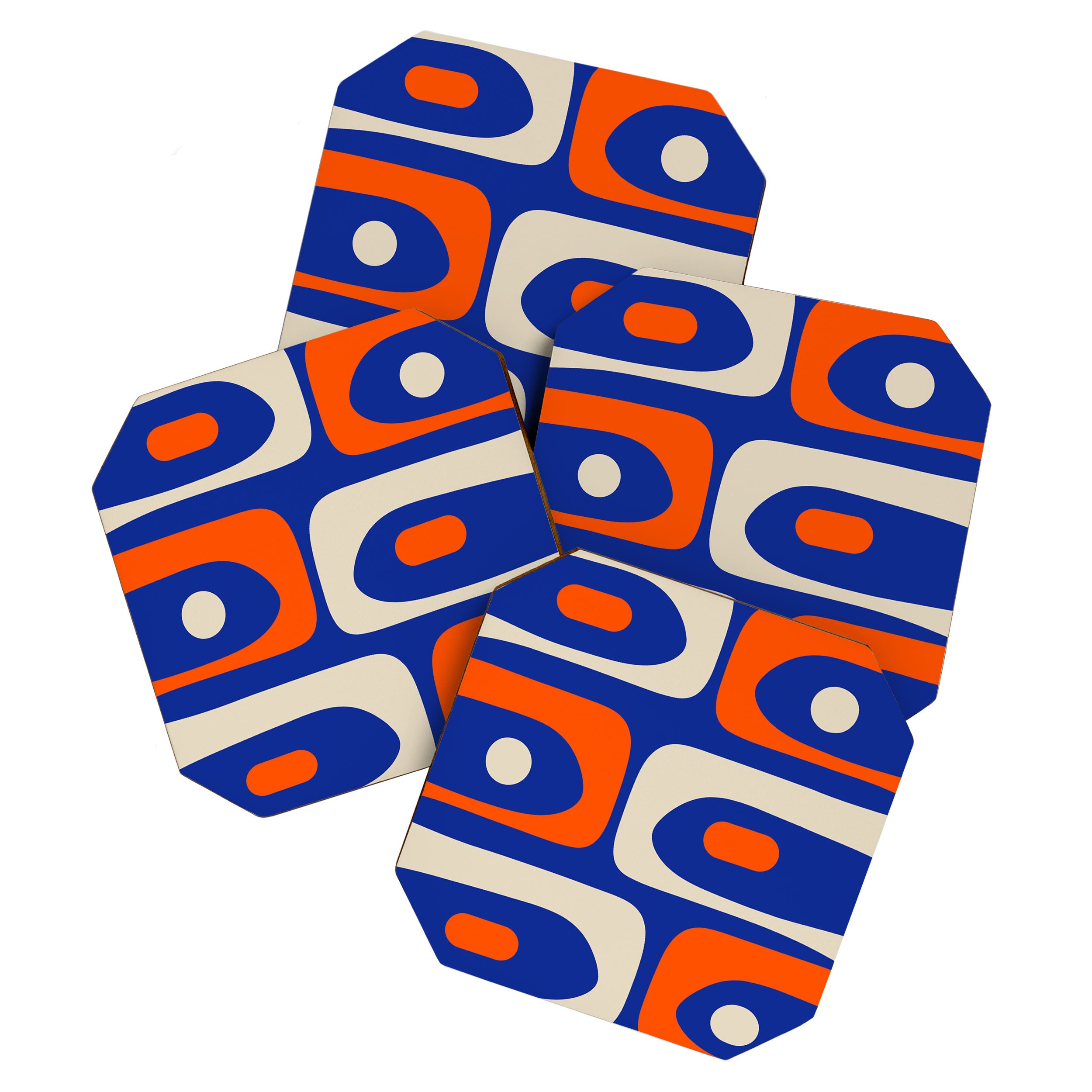 Mid Century Modern Abstract Retro Piquet Pattern Blue Orange Beige Coaster Gallery Image 1