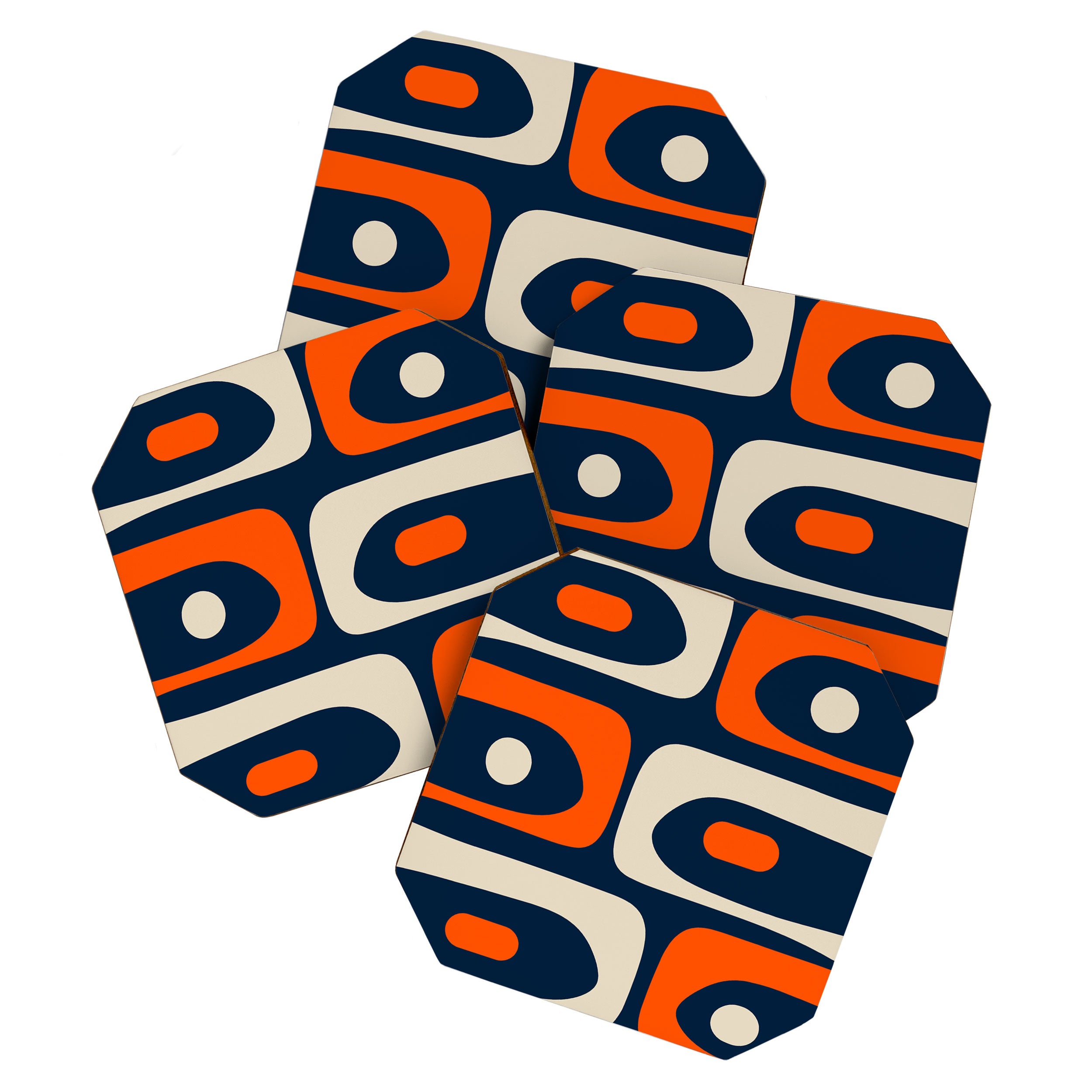 Mid Century Modern Abstract Retro Piquet Pattern Navy Blue Orange Beige Coaster Gallery Image 1
