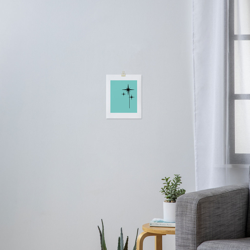 Mid Century Modern Atomic 50s Starburst Trio in Light Medium Robin's Egg Blue and Black Art Print Gallery Image 3