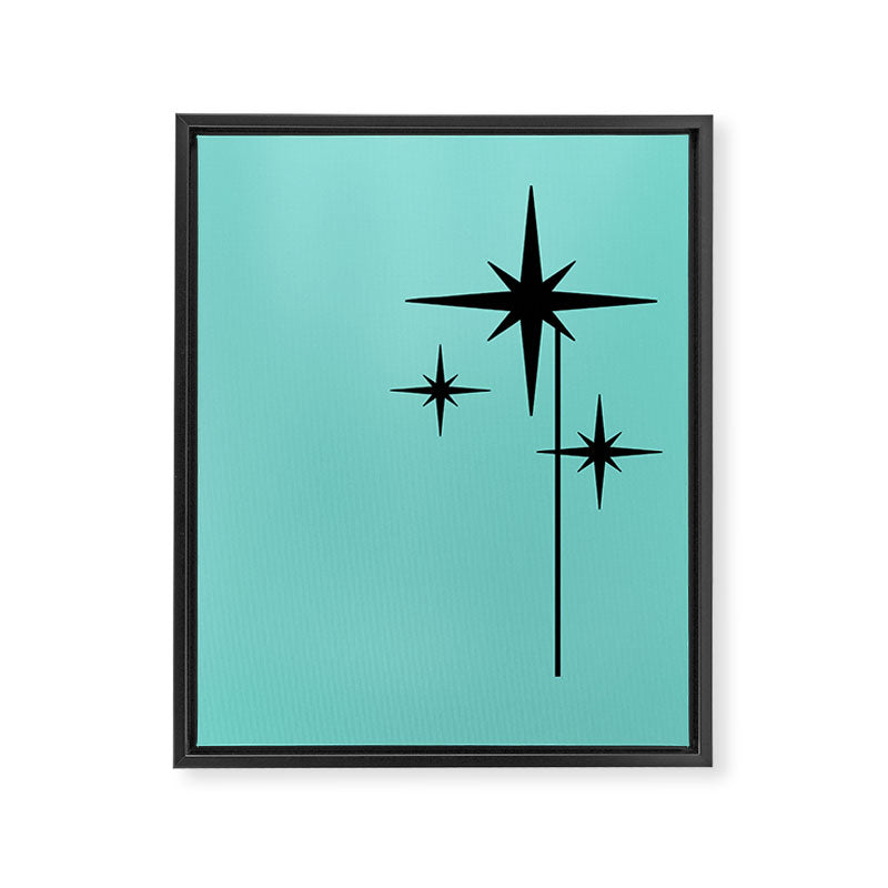 Mid Century Modern Atomic 50s Starburst Trio in Light Medium Robin's Egg Blue and Black Framed Canvas Print Gallery Image 8