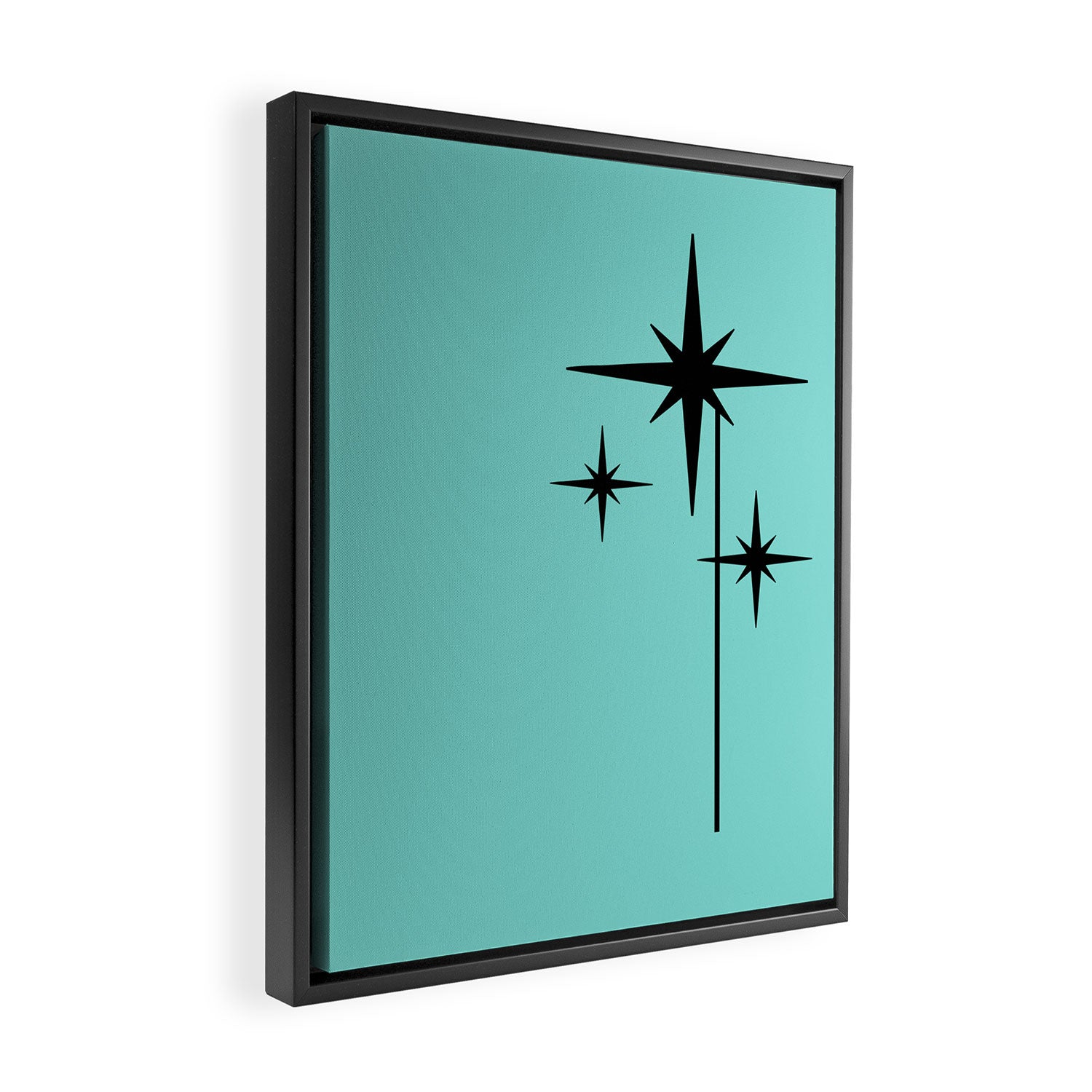 Mid Century Modern Atomic 50s Starburst Trio in Light Medium Robin's Egg Blue and Black Framed Canvas Print Gallery Image 2