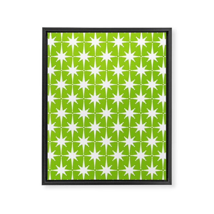 Mid Century Modern Atomic Age Starburst Pattern Lime Green & White Framed Canvas Print Gallery Image 1
