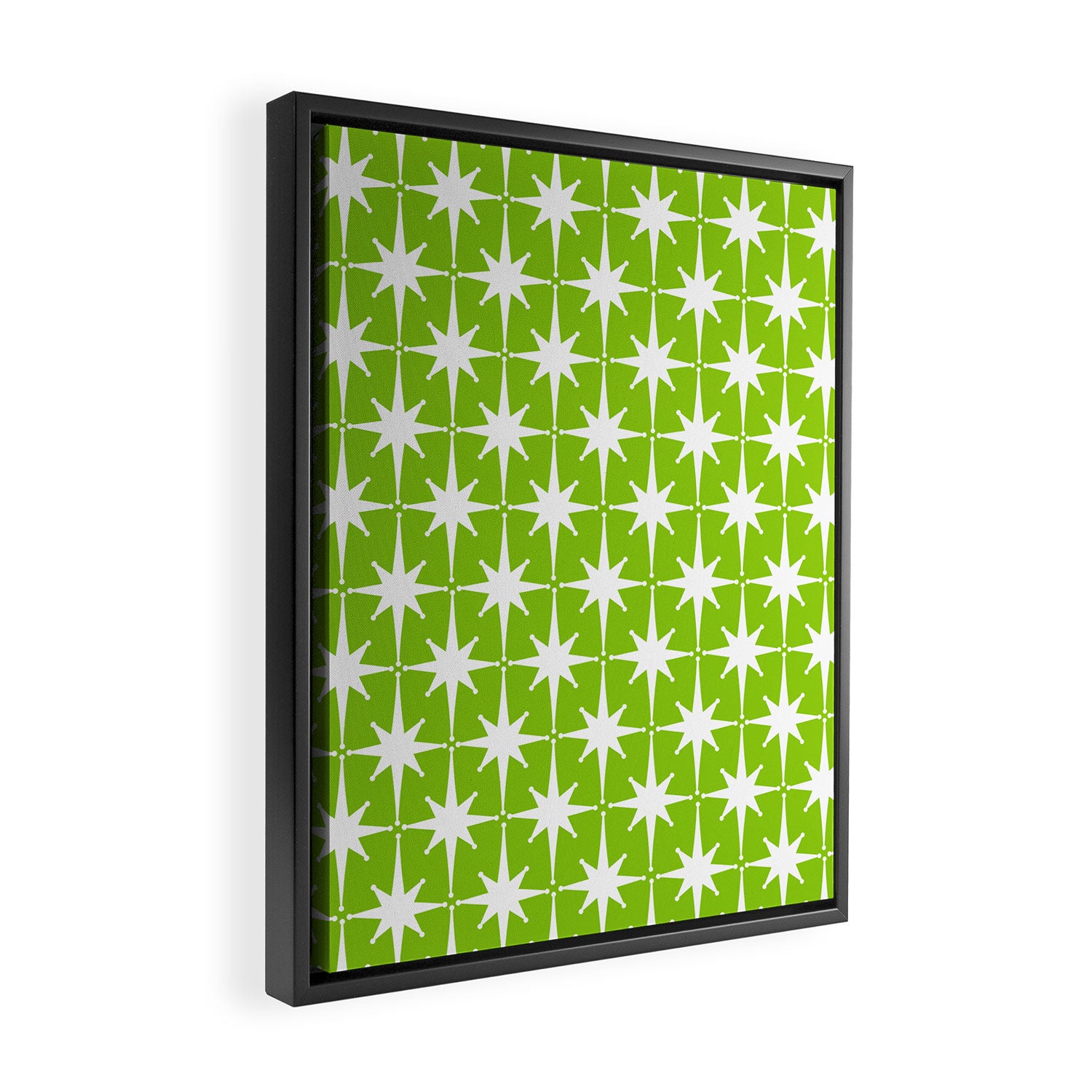 Mid Century Modern Atomic Age Starburst Pattern Lime Green & White Framed Canvas Print Gallery Image 2
