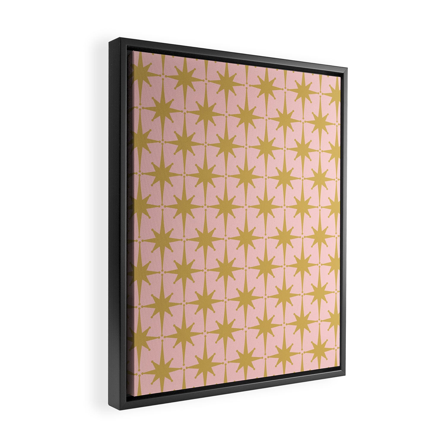 Mid Century Modern Atomic Age Starburst Pattern Pink and Gold  Framed Canvas Print Gallery Image 2