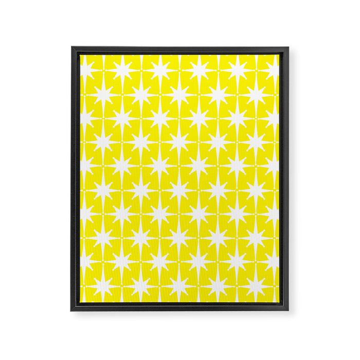 Mid Century Modern Atomic Age Starburst Pattern Yellow and White Framed Canvas Print Gallery Image 1