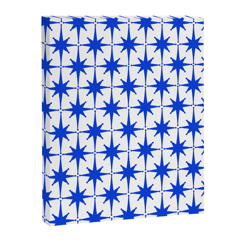 Mid Century Modern Atomic Age Starburst Stars Pattern Royal Blue and White Canvas Print Gallery Image 6