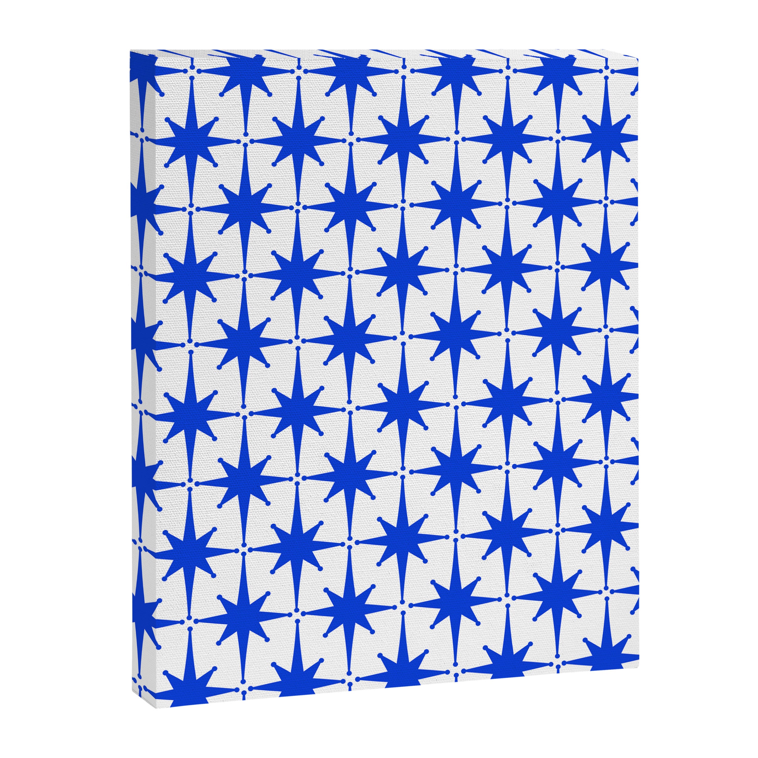 Mid Century Modern Atomic Age Starburst Stars Pattern Royal Blue and White Canvas Print Gallery Image 6