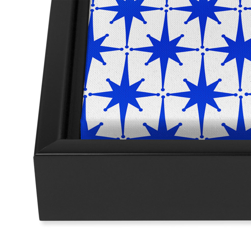 Mid Century Modern Atomic Age Starburst Stars Pattern Royal Blue and White Framed Canvas Print Gallery Image 3