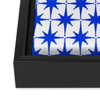 Mid Century Modern Atomic Age Starburst Stars Pattern Royal Blue and White Framed Canvas Print Gallery Image 3