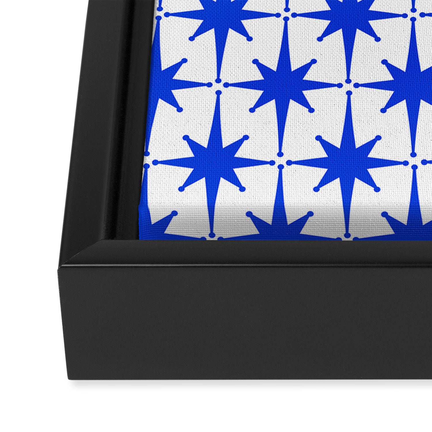 Mid Century Modern Atomic Age Starburst Stars Pattern Royal Blue and White Framed Canvas Print Gallery Image 3