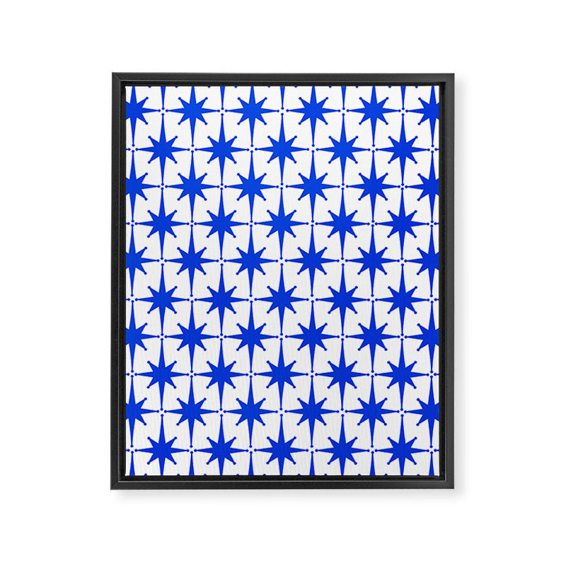Mid Century Modern Atomic Age Starburst Stars Pattern Royal Blue and White Framed Canvas Print Gallery Image 6