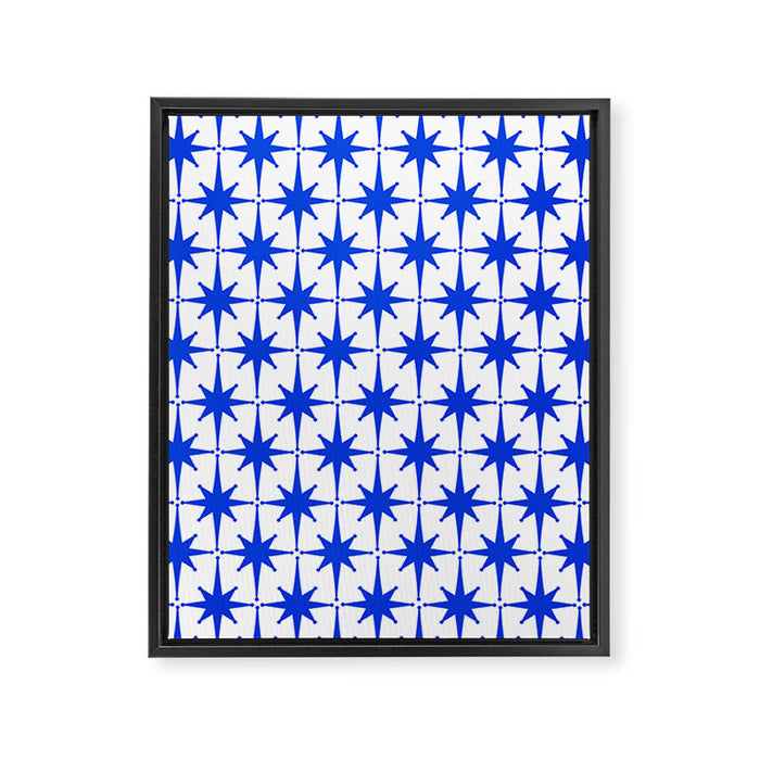 Mid Century Modern Atomic Age Starburst Stars Pattern Royal Blue and White Framed Canvas Print Gallery Image 1