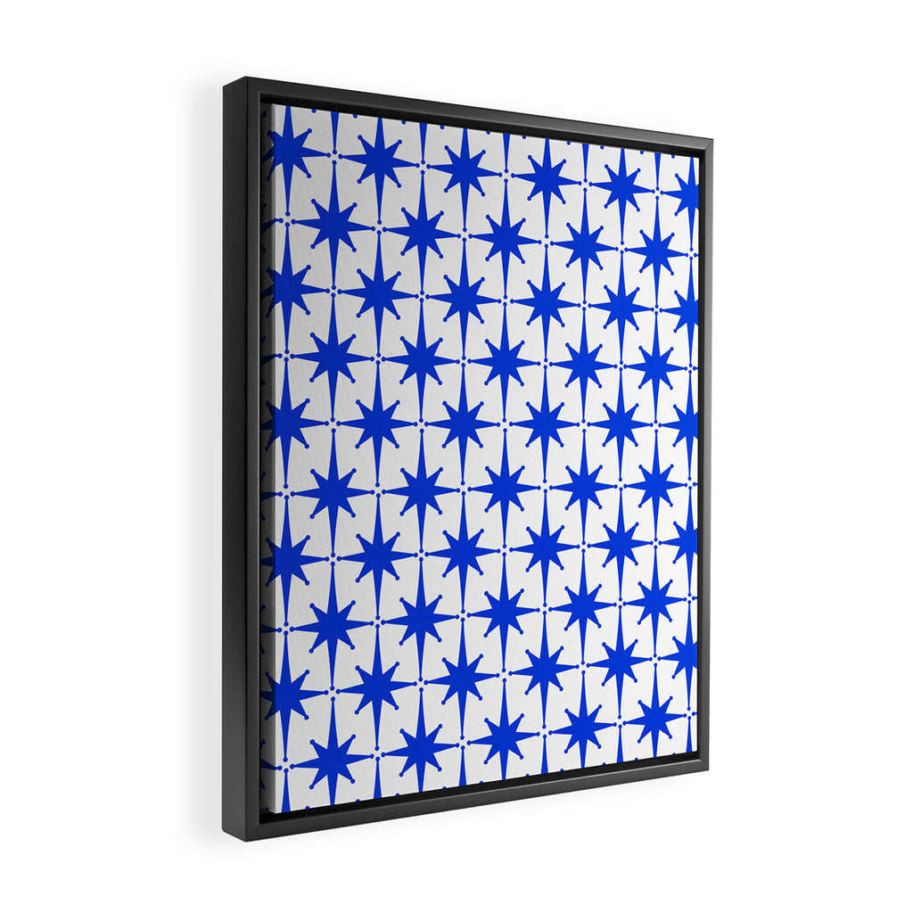 Mid Century Modern Atomic Age Starburst Stars Pattern Royal Blue and White Framed Canvas Print Gallery Image 2