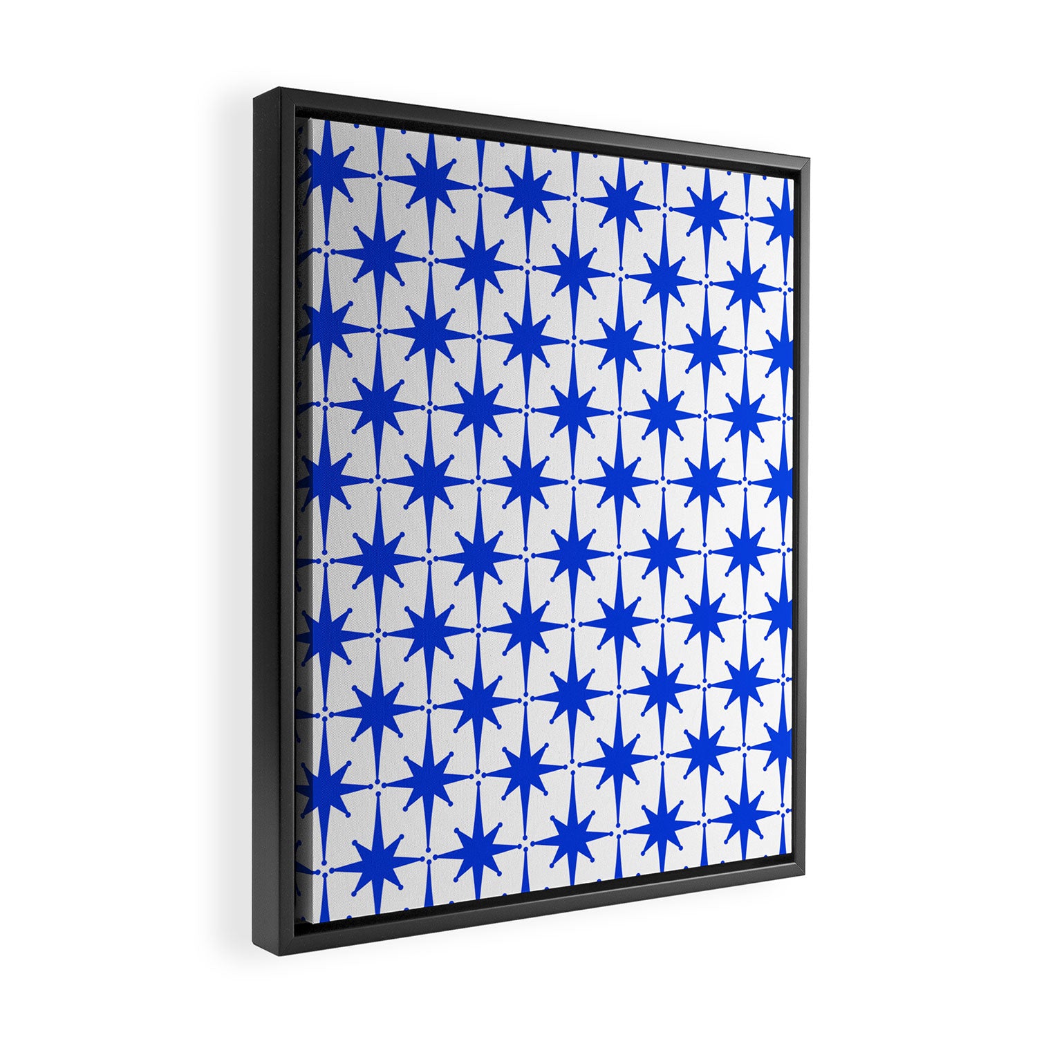 Mid Century Modern Atomic Age Starburst Stars Pattern Royal Blue and White Framed Canvas Print Gallery Image 2