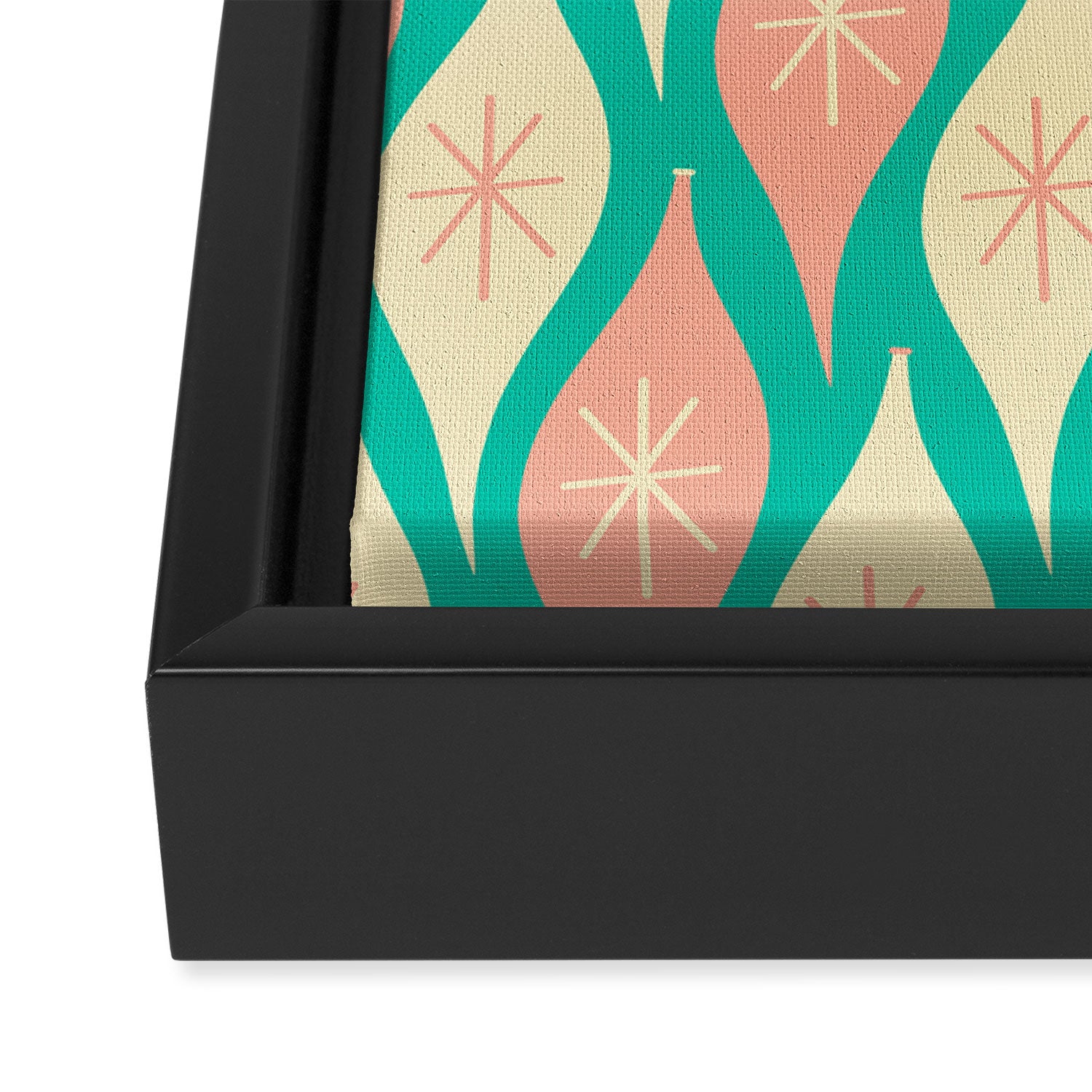 Mid Century Modern Atomic Christmas Abstract Ornaments Blush Pink and Bright Teal Pattern Framed Canvas Print Gallery Image 3