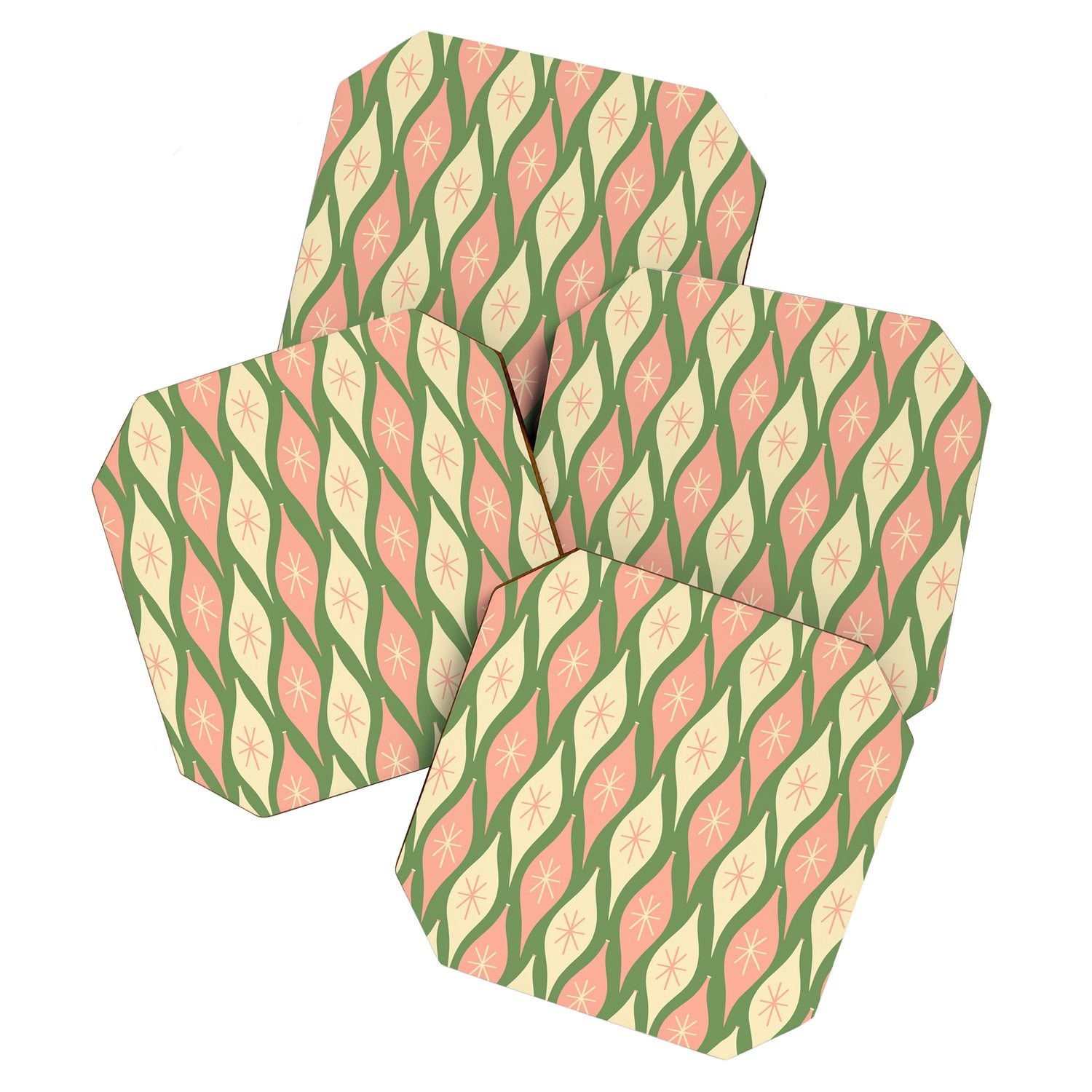 Mid Century Modern Atomic Christmas Abstract Ornaments Blush Pink and Vintage Green Pattern Coaster Gallery Image 1