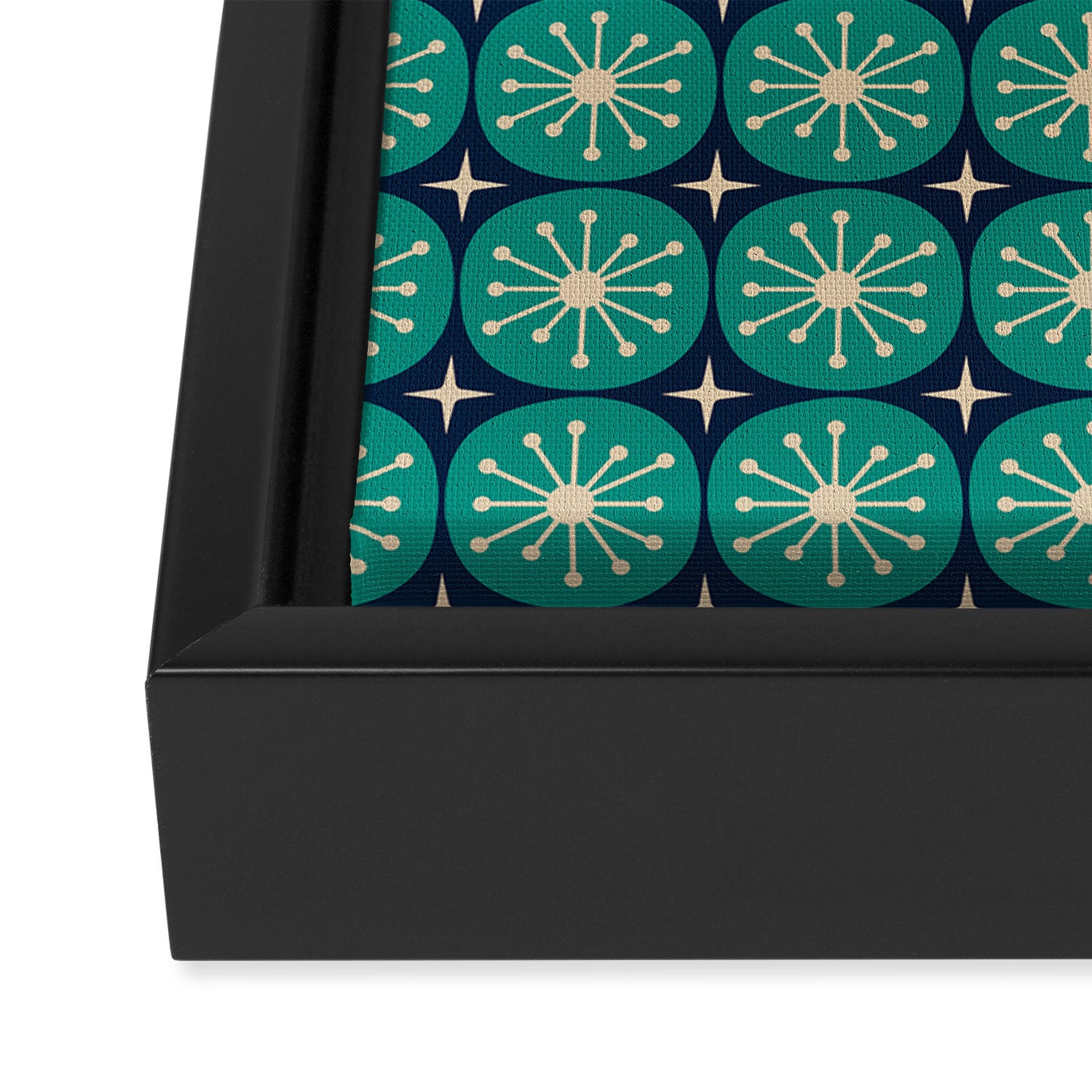 Mid Century Modern Atomic Dots and Stars Retro Pattern 2 in Mid Mod Teal Turquoise Navy Blue Beige Framed Canvas Print Gallery Image 3