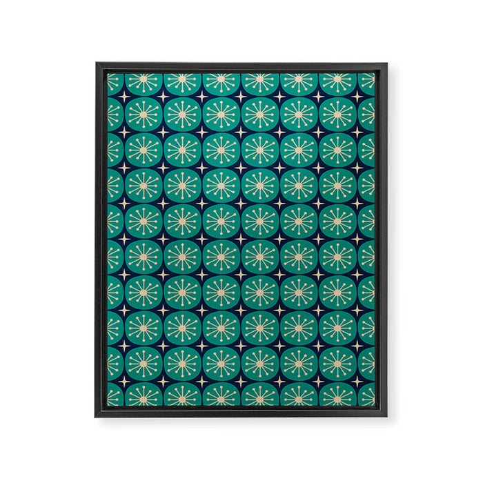 Mid Century Modern Atomic Dots and Stars Retro Pattern 2 in Mid Mod Teal Turquoise Navy Blue Beige Framed Canvas Print Gallery Image 1