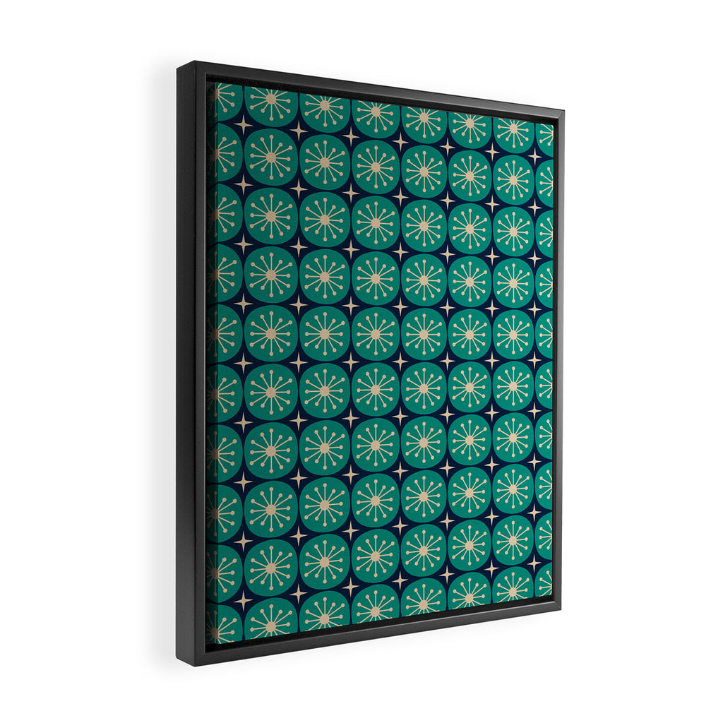Mid Century Modern Atomic Dots and Stars Retro Pattern 2 in Mid Mod Teal Turquoise Navy Blue Beige Framed Canvas Print Gallery Image 2