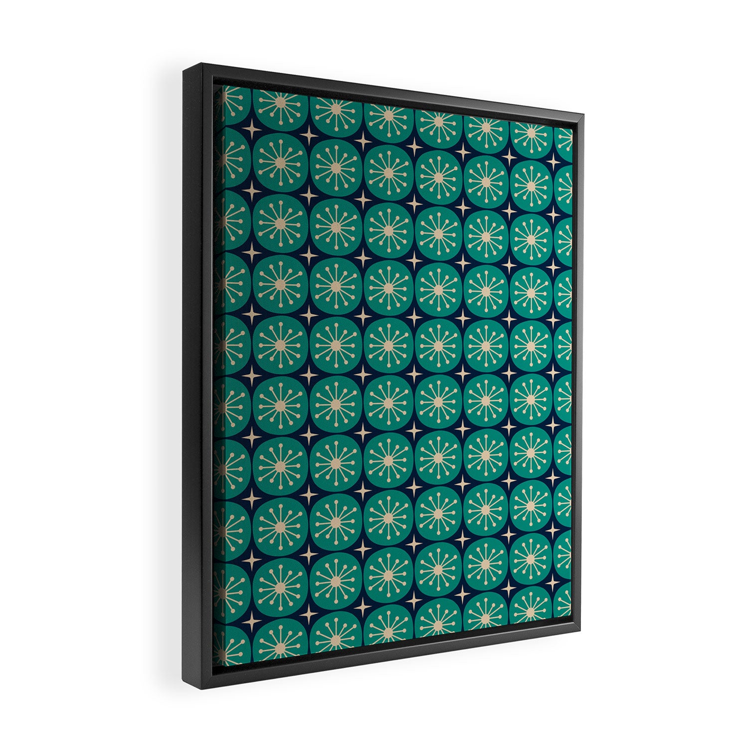 Mid Century Modern Atomic Dots and Stars Retro Pattern 2 in Mid Mod Teal Turquoise Navy Blue Beige Framed Canvas Print Gallery Image 2