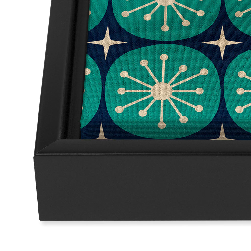 Mid Century Modern Atomic Dots and Stars Retro Pattern in Mid Mod Teal Turquoise Navy Blue Beige Framed Canvas Print Gallery Image 3