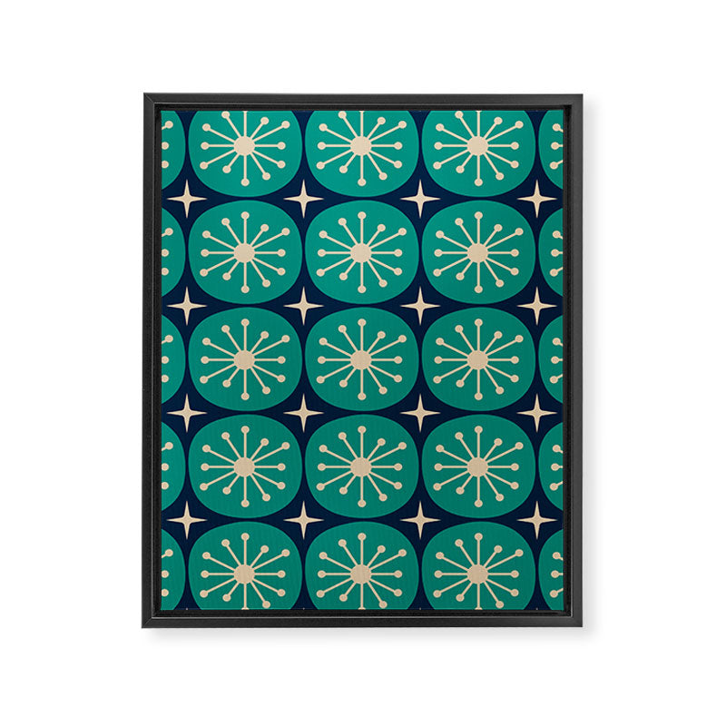 Mid Century Modern Atomic Dots and Stars Retro Pattern in Mid Mod Teal Turquoise Navy Blue Beige Framed Canvas Print Gallery Image 8