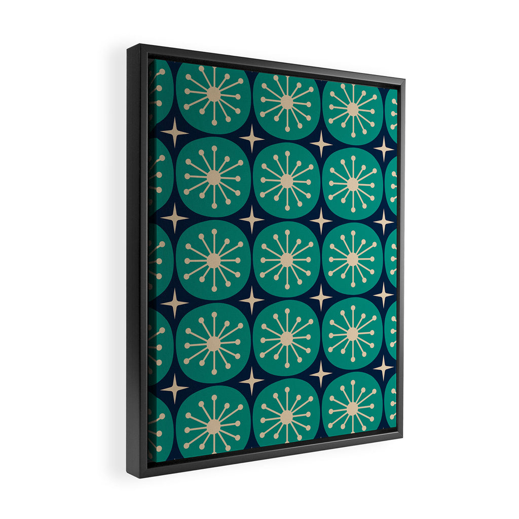 Mid Century Modern Atomic Dots and Stars Retro Pattern in Mid Mod Teal Turquoise Navy Blue Beige Framed Canvas Print Gallery Image 2