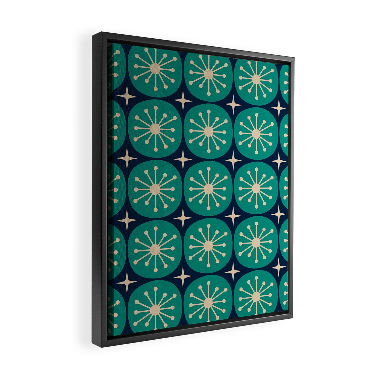 Mid Century Modern Atomic Dots and Stars Retro Pattern in Mid Mod Teal Turquoise Navy Blue Beige Framed Canvas Print Gallery Image 2