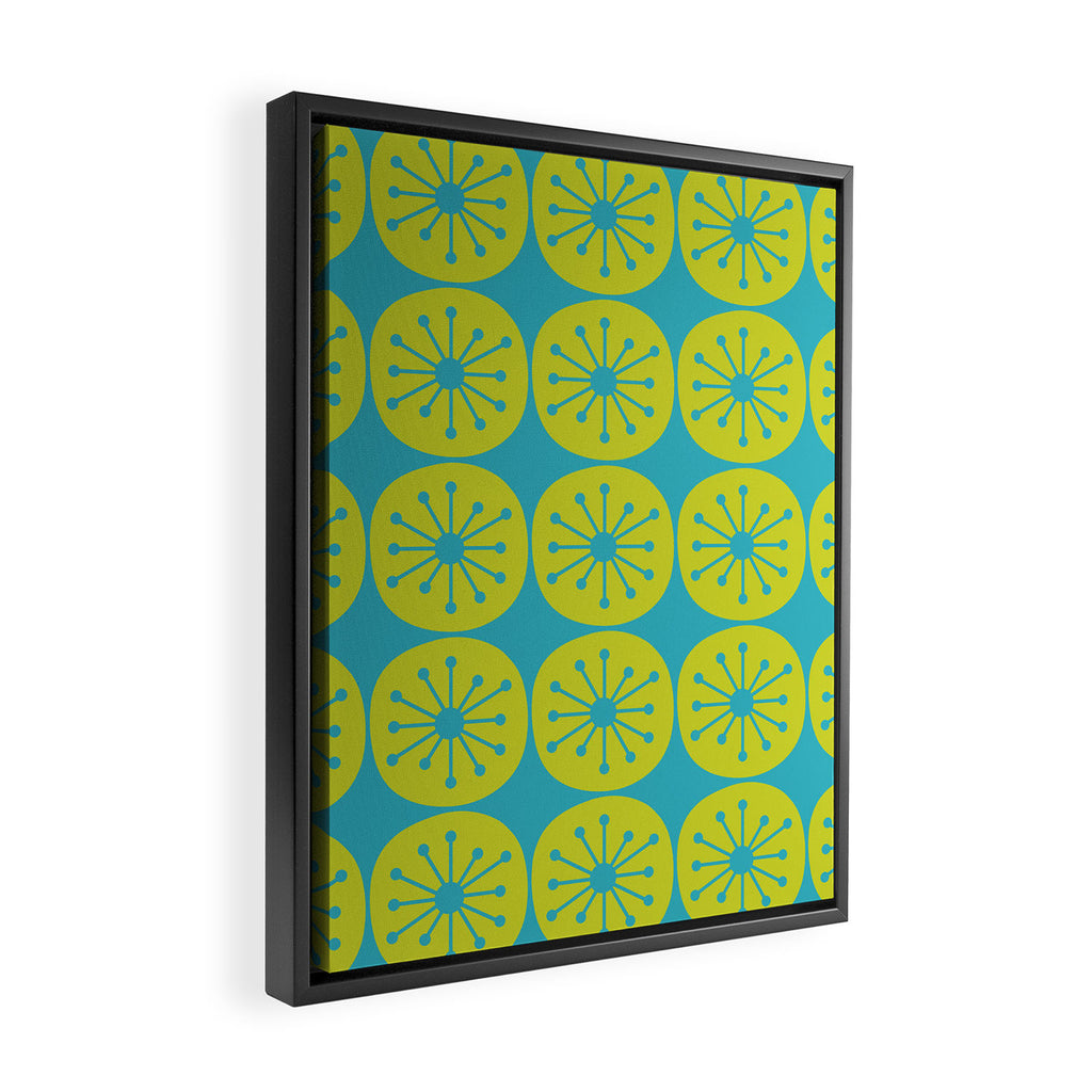 Mid Century Modern Atomic Dots Retro Pattern Lime Turquoise Framed Canvas Print Gallery Image 2