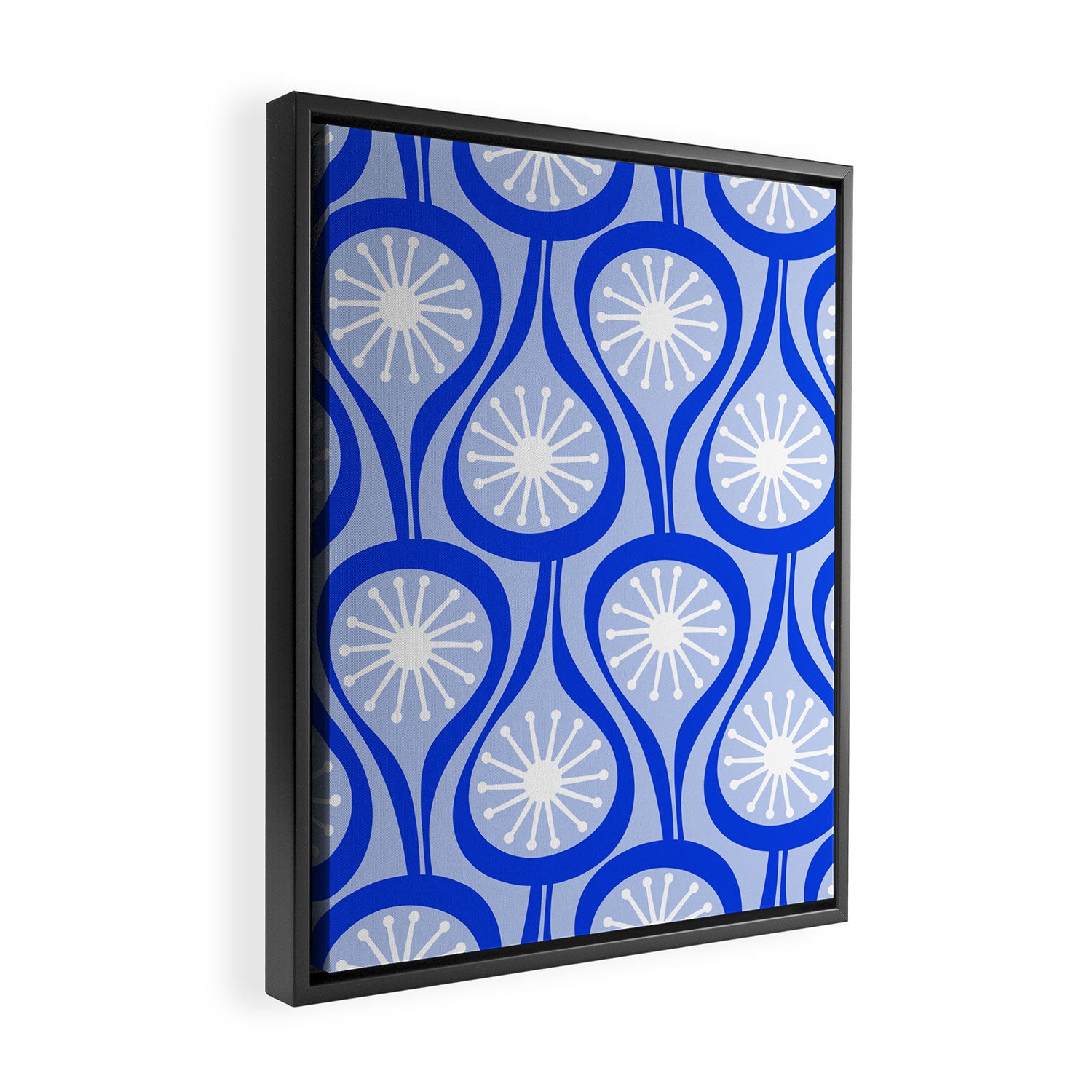 Mid Century Modern Atomic Drops Light Blue Royal Blue Framed Canvas Print Gallery Image 2