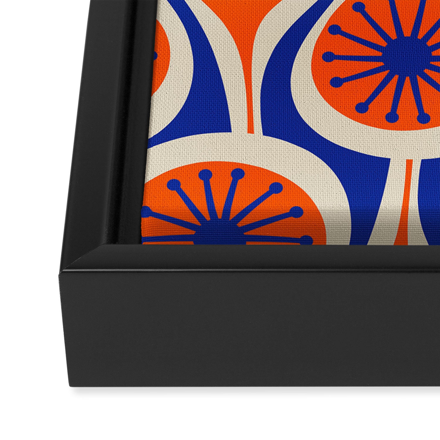 Mid Century Modern Atomic Drops Retro Pattern in Orange and Bright Blue Framed Canvas Print Gallery Image 3