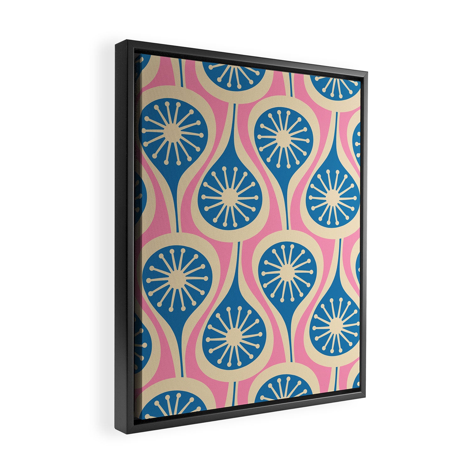 Mid Century Modern Atomic Drops Retro Pattern in Pink and Blue Framed Canvas Print Gallery Image 2