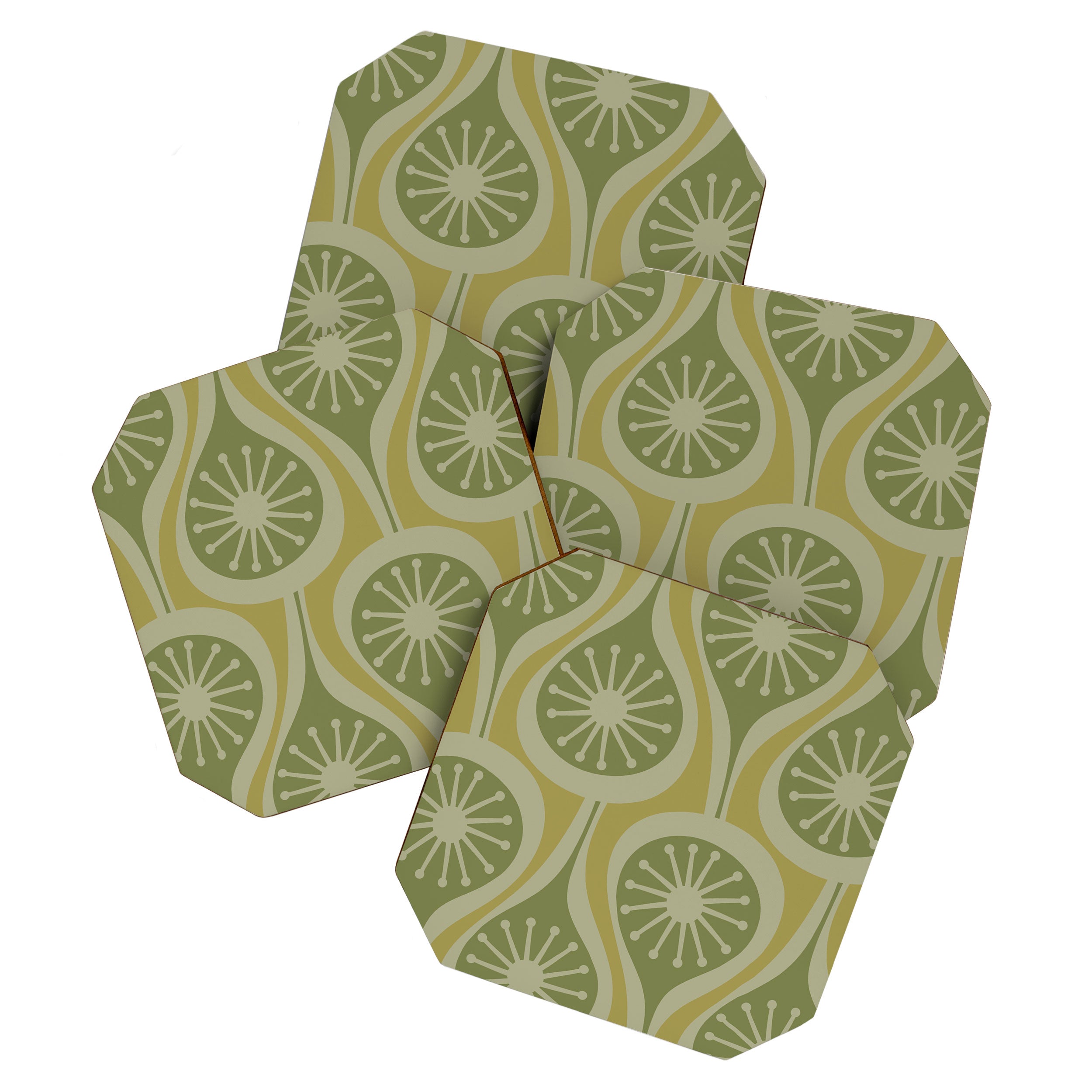 Mid Century Modern Atomic Drops Retro Pattern in Vintage Olive Green and Celadon Tones Coaster Gallery Image 1