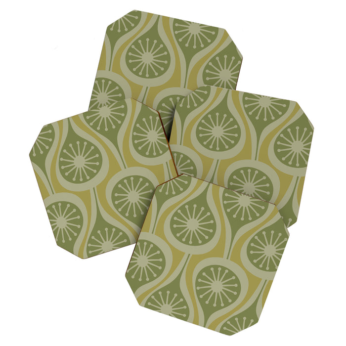 Mid Century Modern Atomic Drops Retro Pattern in Vintage Olive Green and Celadon Tones Coaster Gallery Image 1