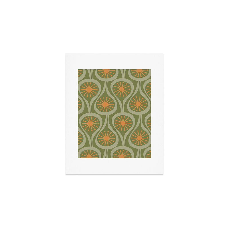 Mid Century Modern Atomic Drops Retro Pattern in Vintage Olive Green, Celadon, and Cantaloupe Orange Art Print Gallery Image 1